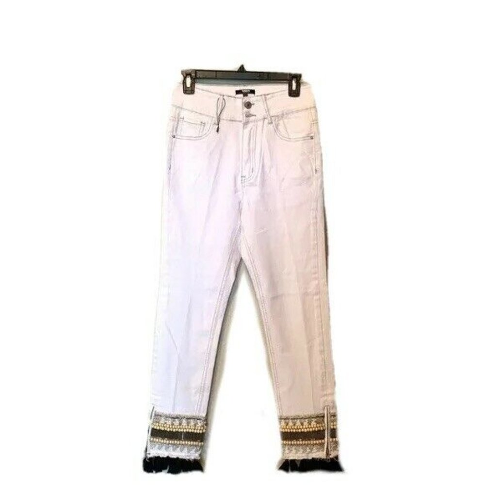 Tesoro Moda Size 2 White Denim Fringe embroidered Cuff Jeans